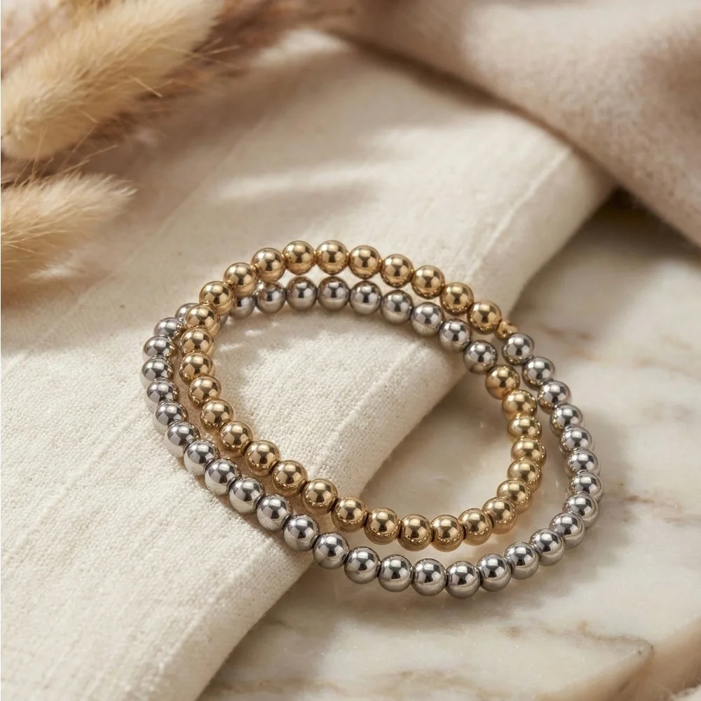 Minimalist Metallic Stacking Bracelets | Two-Tone Bead Set